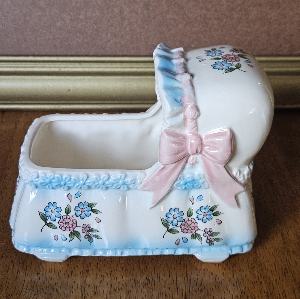 Vintage Inarco Floral Ceramic Baby Bassinet Planter 1960s